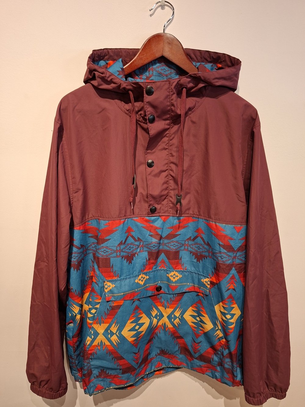 Men's Hooded Aztec Pullover Windbreaker in Maroon and Teal
